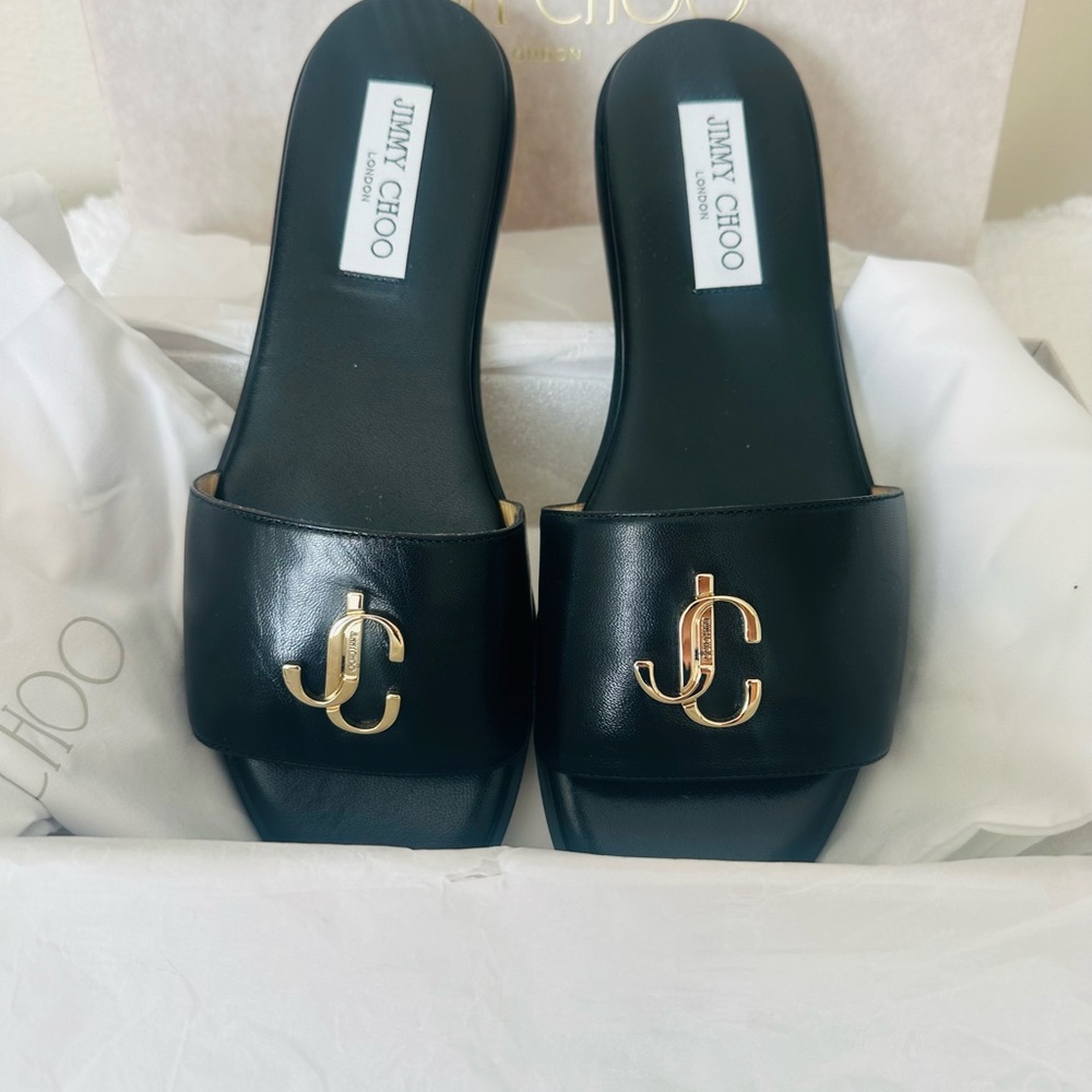 Jimmy Choo Black Sandals with Gold Logo